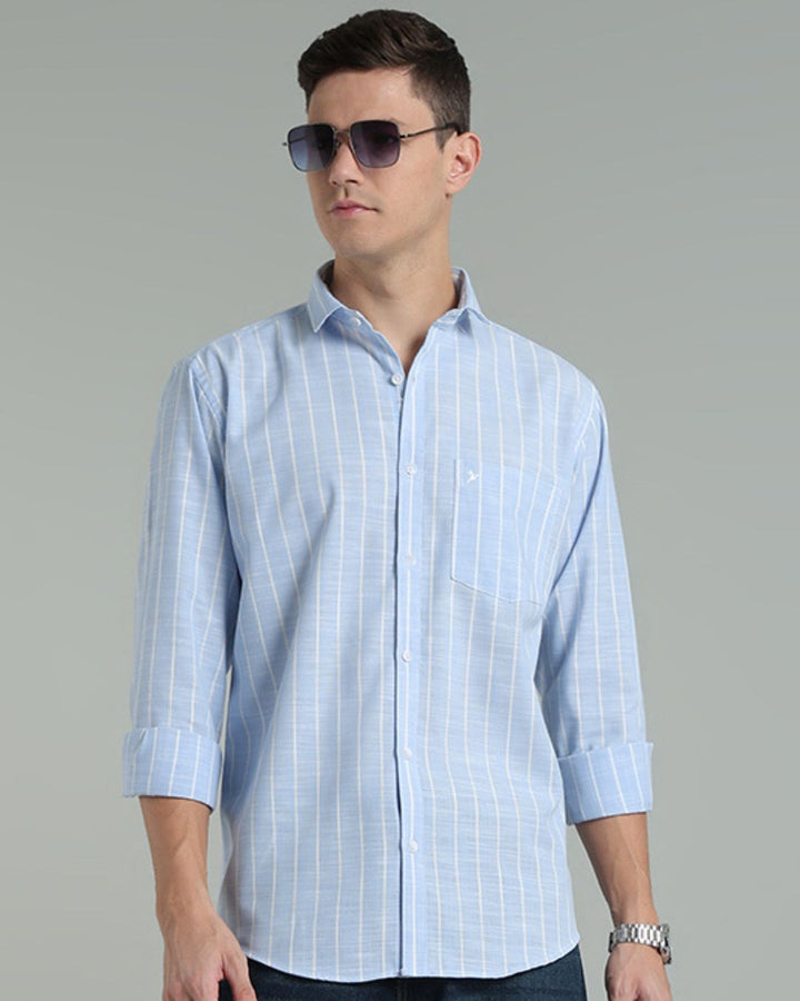 Sky Blue & White Line Stripes -Full-Cotton Linen Shirt