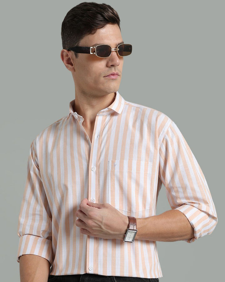 White & Orange Bold Stripes -Full-Cotton Linen Shirt