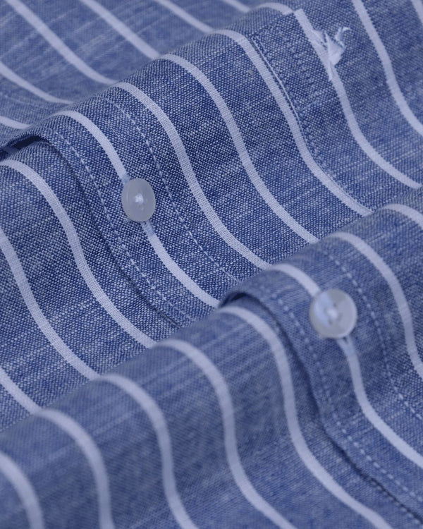 Denim Blue & White Stripes -Full-Bamboo Linen