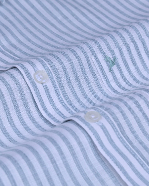 Green & White Linear Stripes -Full-Bamboo Linen