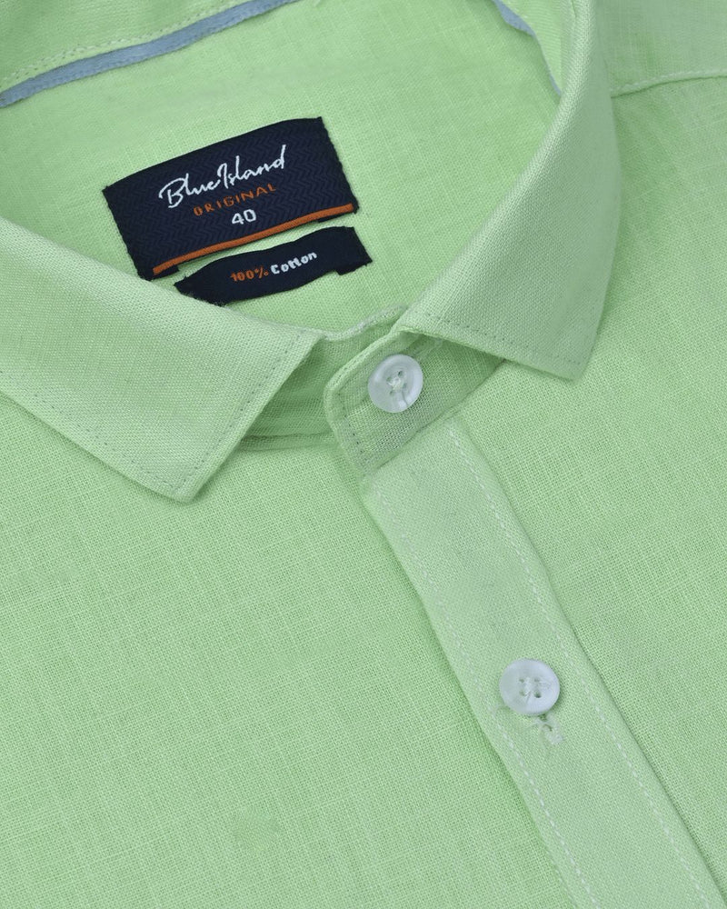 Pistah Green Solid-Full-Cotton Linen Shirt