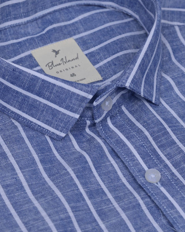 Denim Blue & White Stripes -Full-Bamboo Linen
