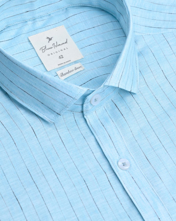 Soft Blue & Black Dotted Line Stripes -Full-Bamboo Linen