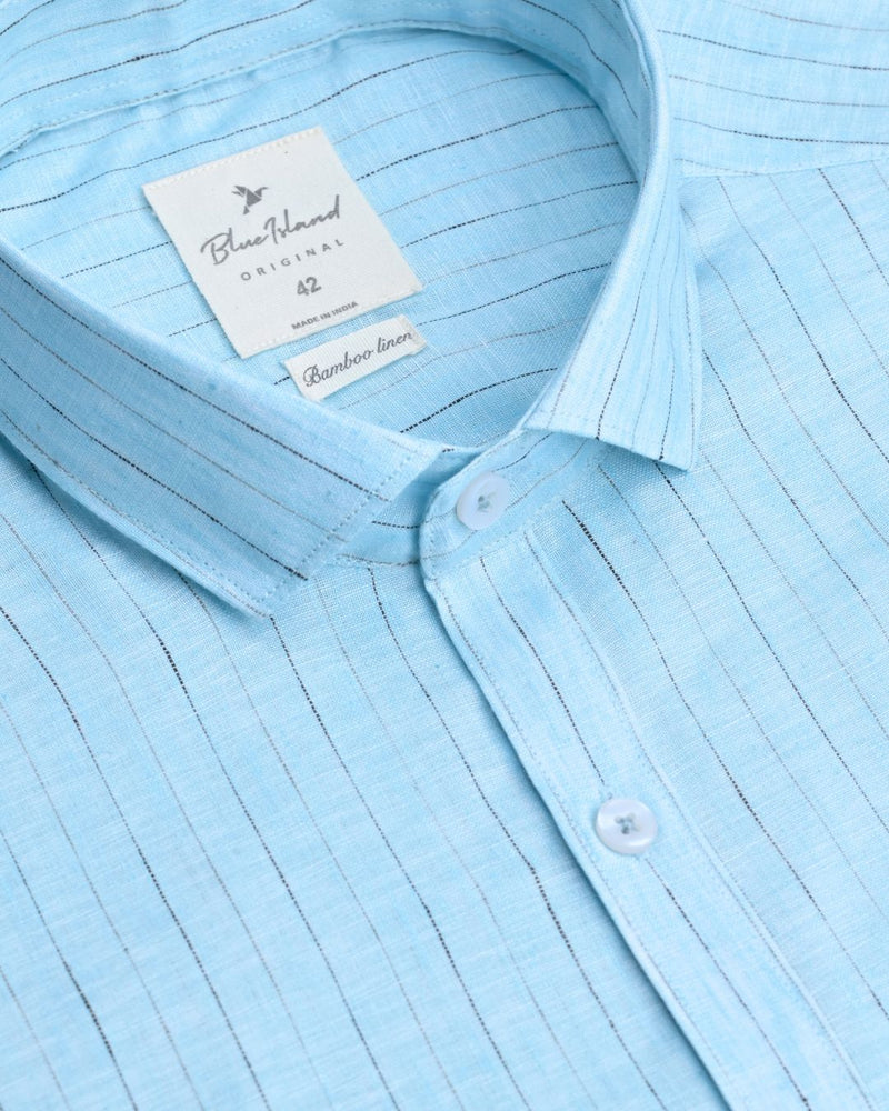 Soft Blue & Black Dotted Line Stripes -Full-Bamboo Linen