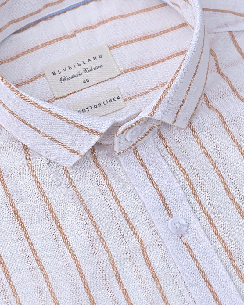 White & Orange Line Stripes-Full-Cotton Linen Shirt