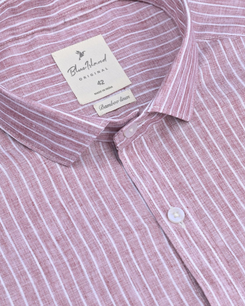 Maroon Red & White Stripes -Full-Bamboo Linen