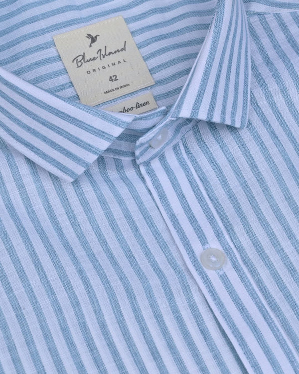 Green & White Linear Stripes -Full-Bamboo Linen