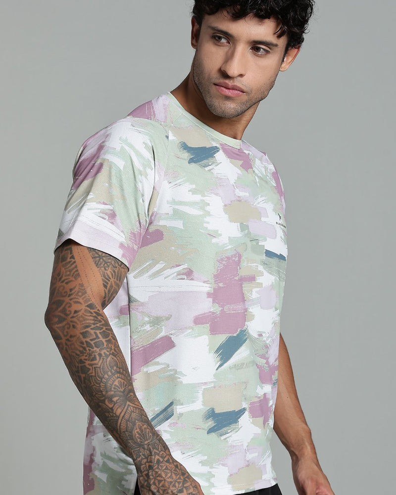 Pistah Green & Pink Splash - Active wear Round neck Tshirt