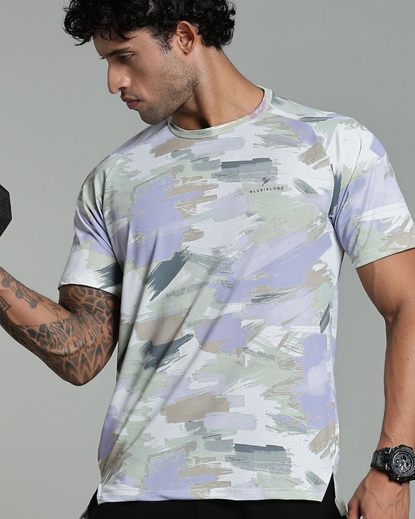 Mild Lavender & Lite Olive Splash - Active wear Round neck Tshirt