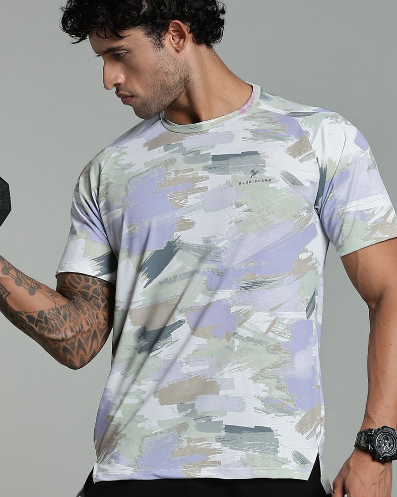 Mild Lavender & Lite Olive Splash - Active wear Round neck Tshirt