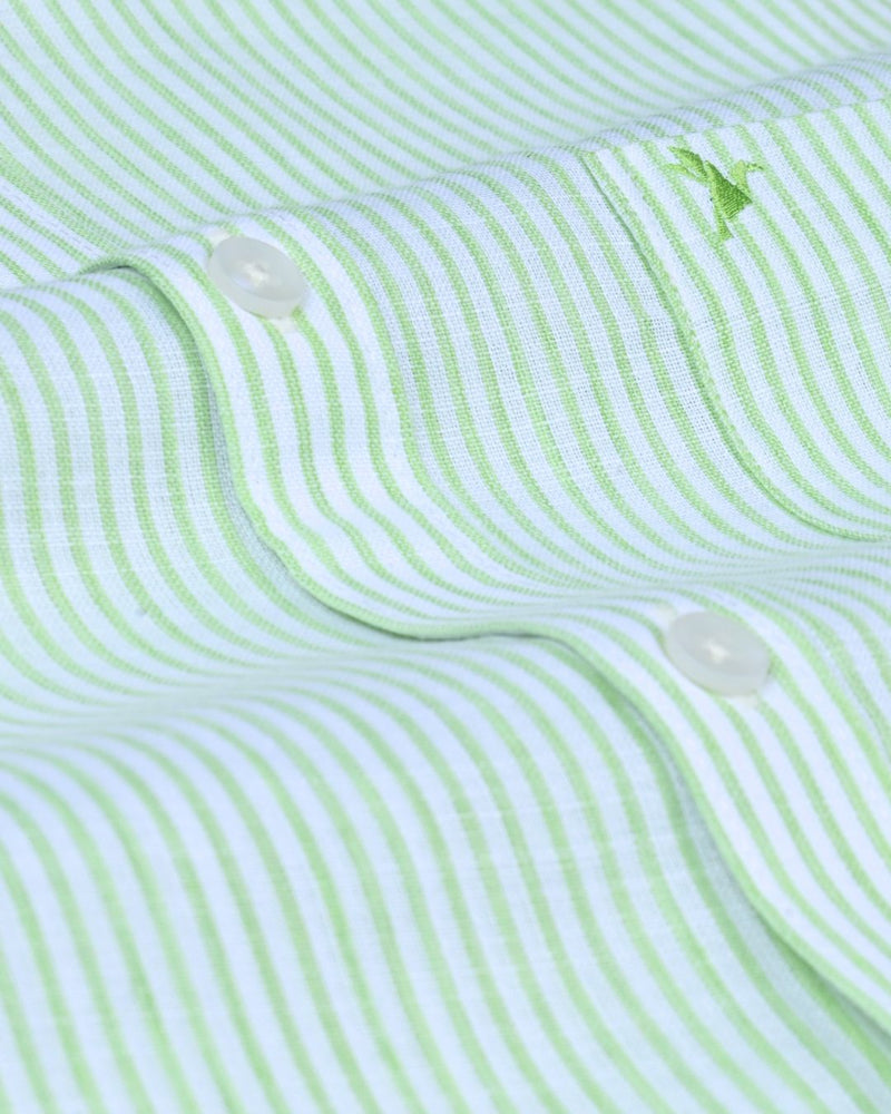 White & Green Mini Stripes -Full-Bamboo Linen