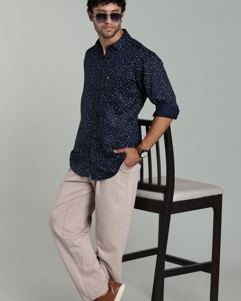 Navy Leaf Print-Full-Stain Proof