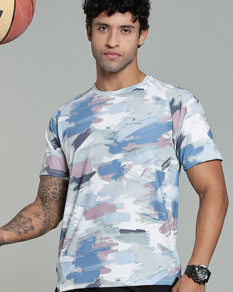 Bluish Grey & Green Splash - Active wear Round neck Tshirt