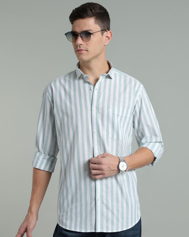 White & Green Bold Stripes -Full-Cotton Linen Shirt