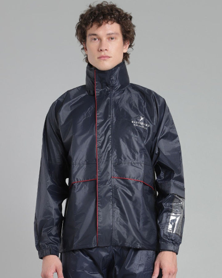Navy with Red Taping - Rain Jacket with Pant and Mobile Pouch