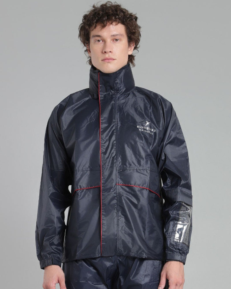 Navy with Red Taping - Rain Jacket with Pant and Mobile Pouch