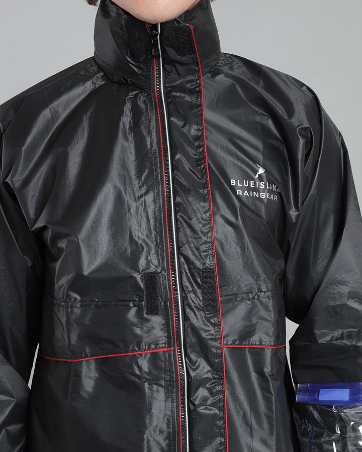 Black with Red Taping - Rain Jacket with Pant and Mobile Pouch