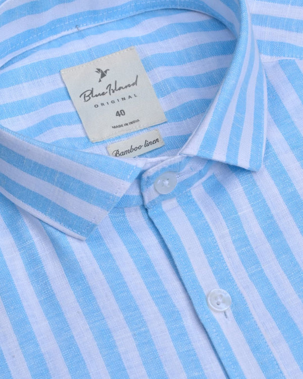 Bright Blue & White Stripes -Full-Bamboo Linen