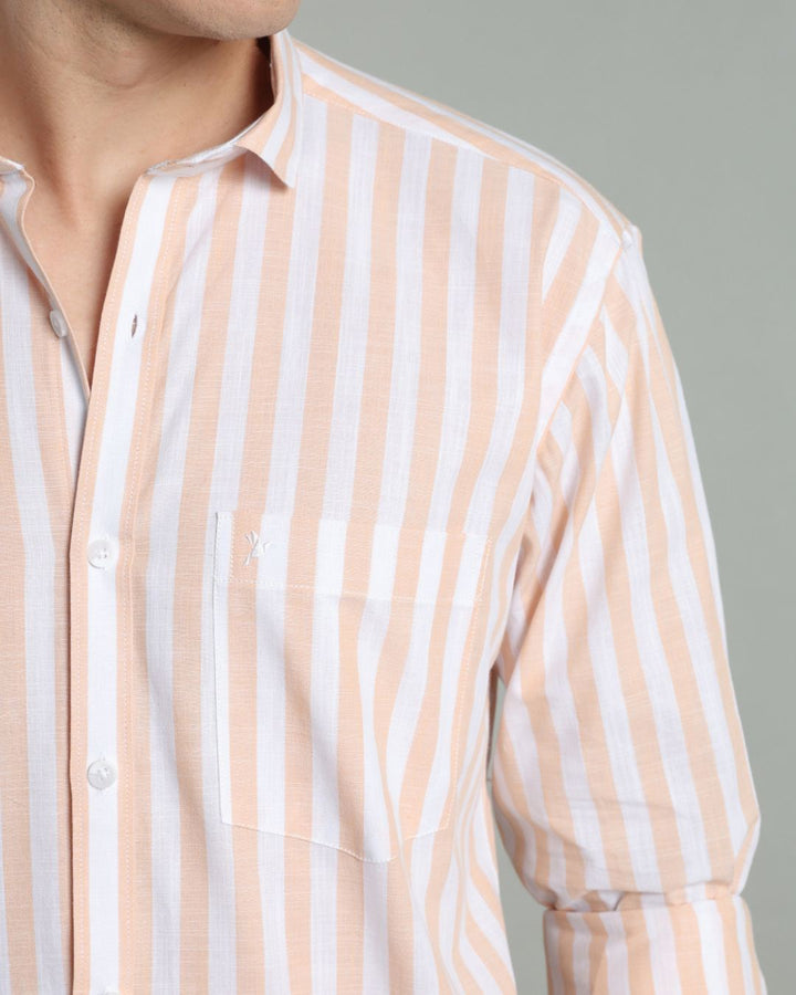 White & Orange Bold Stripes -Full-Cotton Linen Shirt