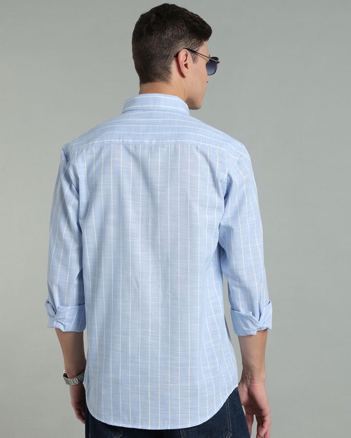 Sky Blue & White Line Stripes -Full-Cotton Linen Shirt