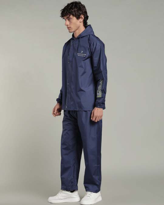 Matte Navy with Teal Border - Rain Jacket with Pant & Mobile Pouch