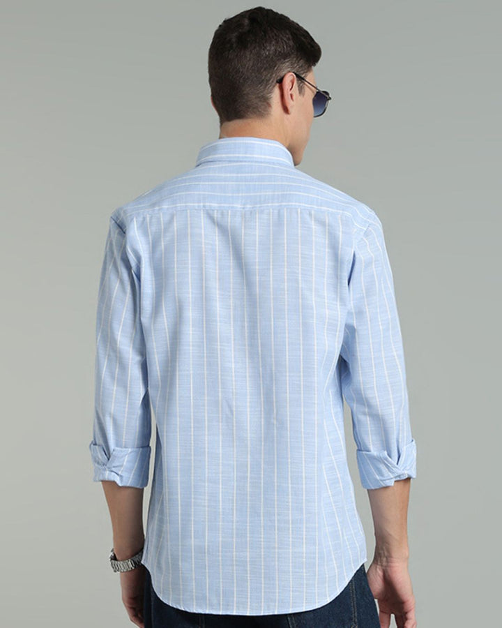 Sky Blue & White Line Stripes -Full-Cotton Linen Shirt