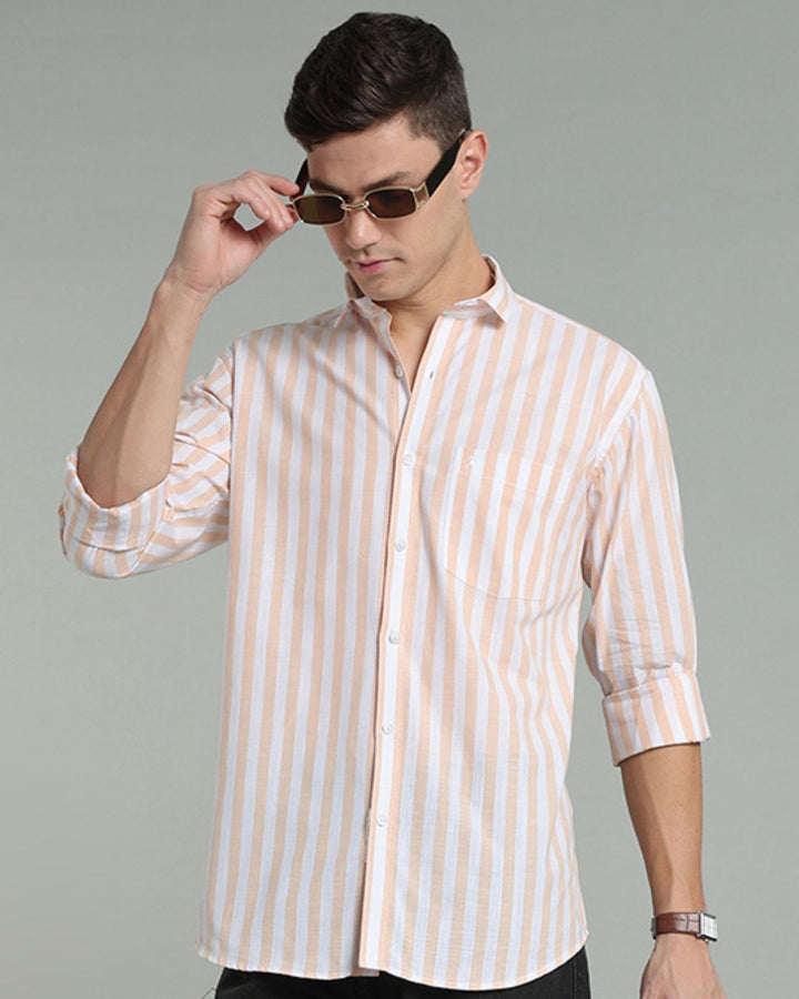 White & Orange Bold Stripes -Full-Cotton Linen Shirt