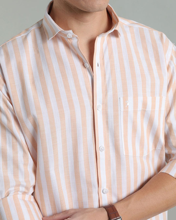 White & Orange Bold Stripes -Full-Cotton Linen Shirt