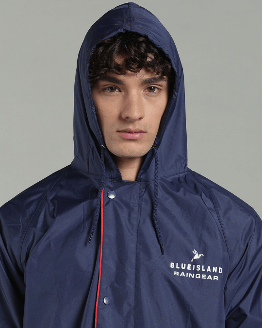 Matte Navy with Red Border - Rain Jacket with Pant & Mobile Pouch