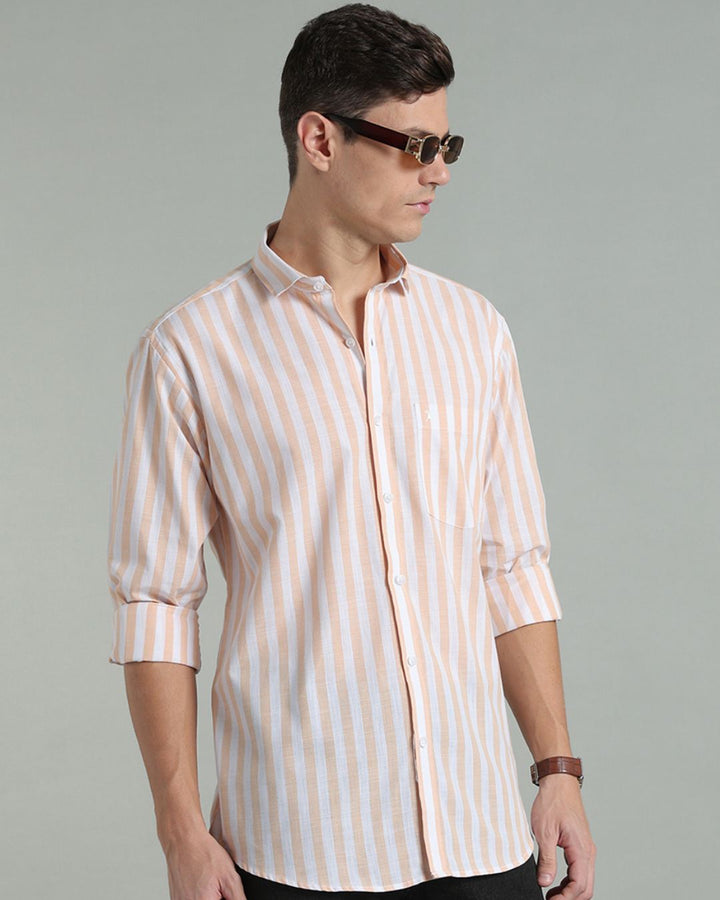 White & Orange Bold Stripes -Full-Cotton Linen Shirt
