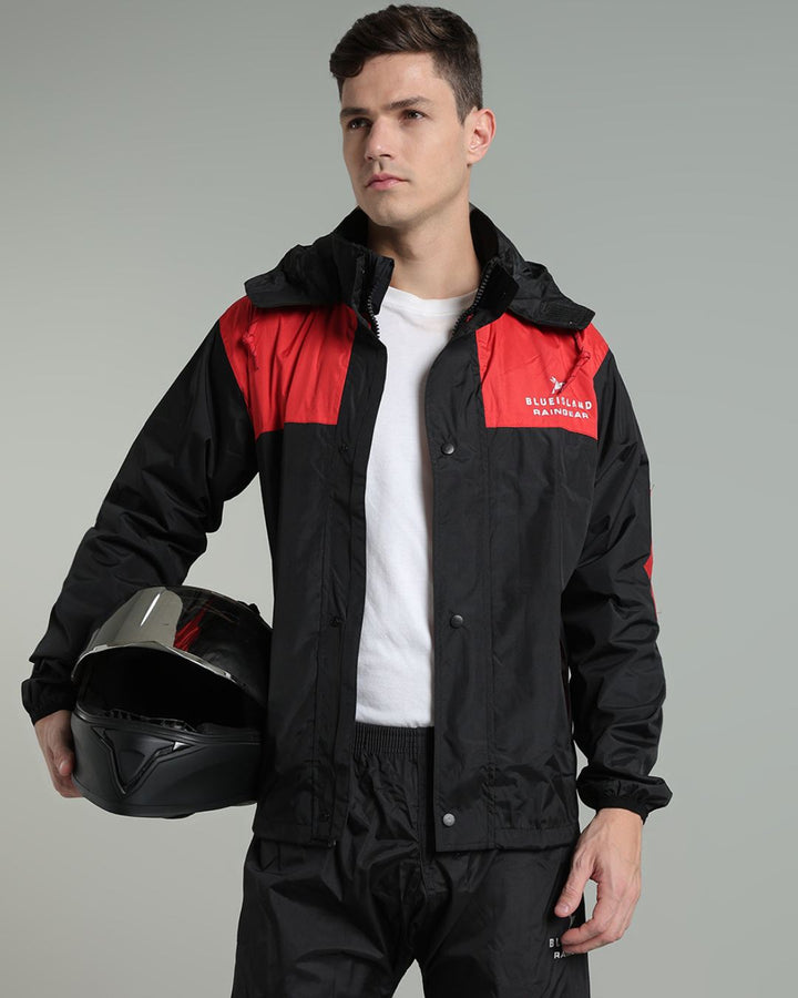 Black with Red Shoulder Panel - Rain Jacket with Pant