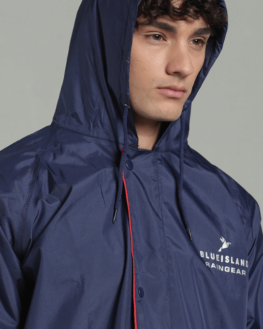 Matte Navy with Red Border - Rain Jacket with Pant & Mobile Pouch