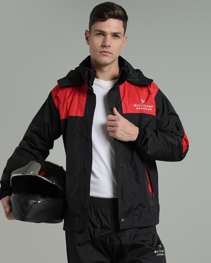 Black with Red Shoulder Panel - Rain Jacket with Pant