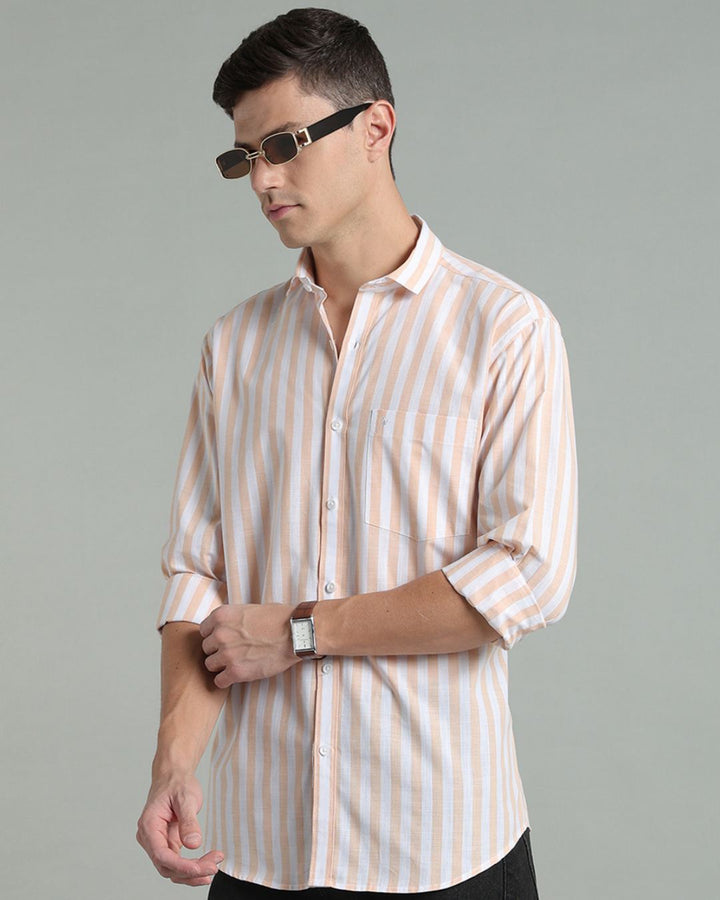 White & Orange Bold Stripes -Full-Cotton Linen Shirt