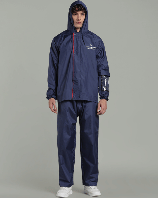 Matte Navy with Red Border - Rain Jacket with Pant & Mobile Pouch