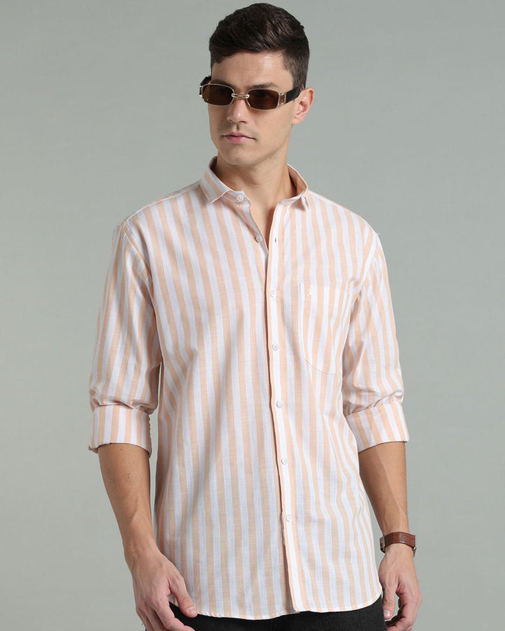 White & Orange Bold Stripes -Full-Cotton Linen Shirt