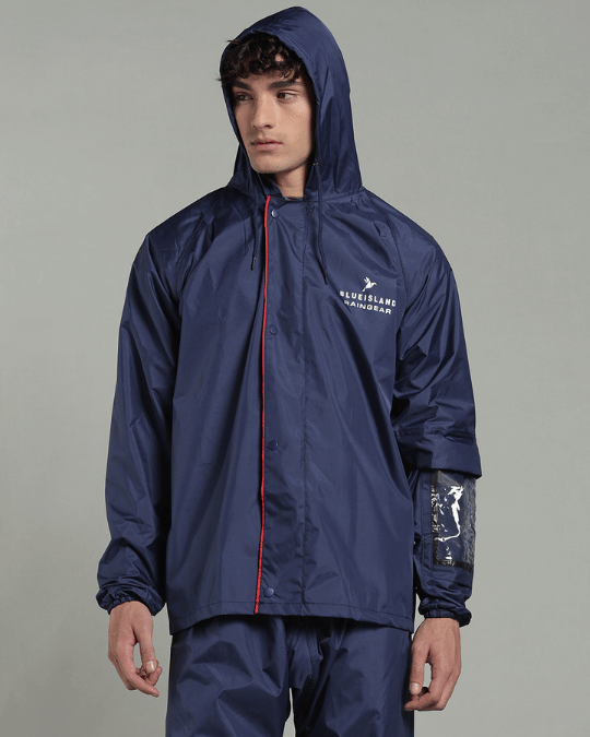 Matte Navy with Red Border - Rain Jacket with Pant & Mobile Pouch