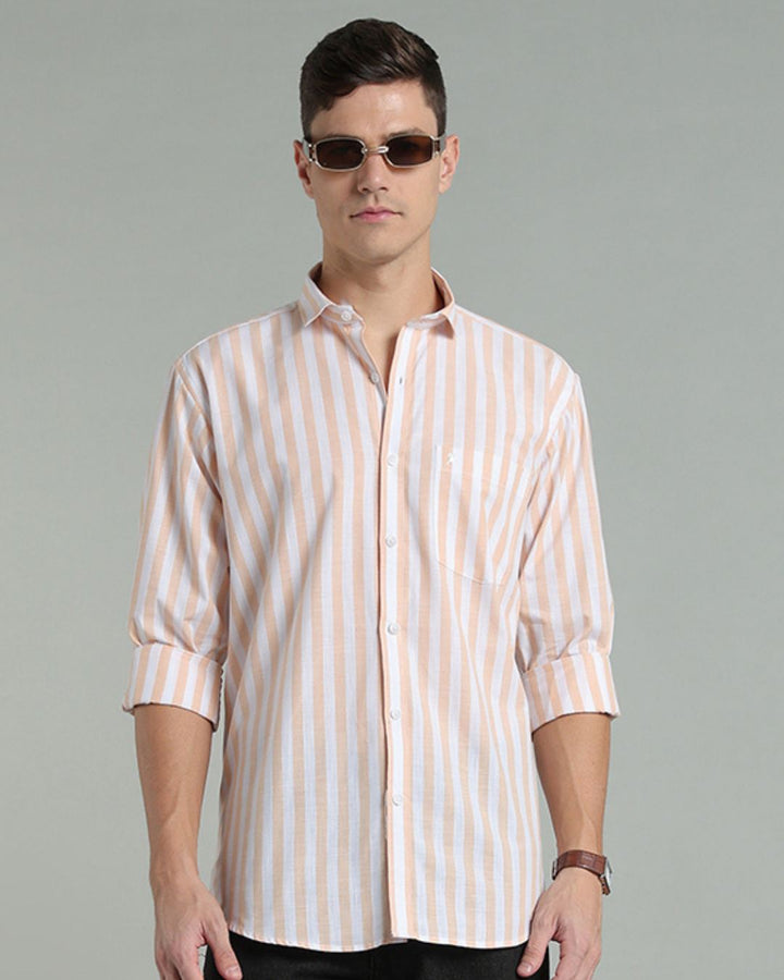 White & Orange Bold Stripes -Full-Cotton Linen Shirt