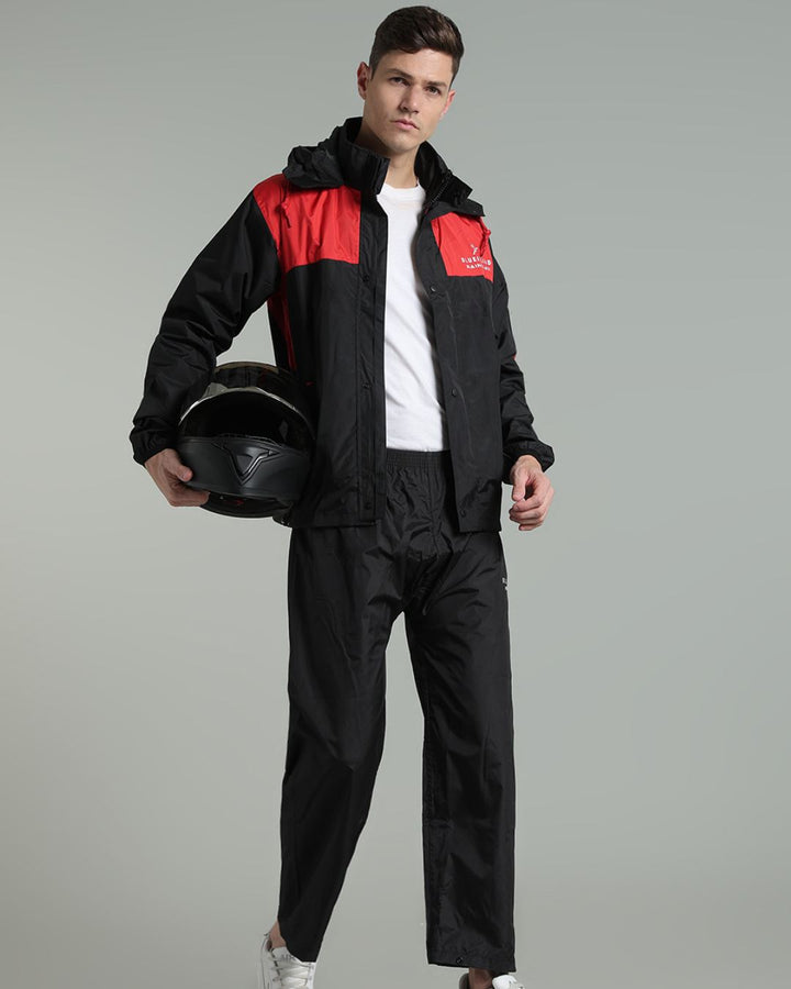 Black with Red Shoulder Panel - Rain Jacket with Pant