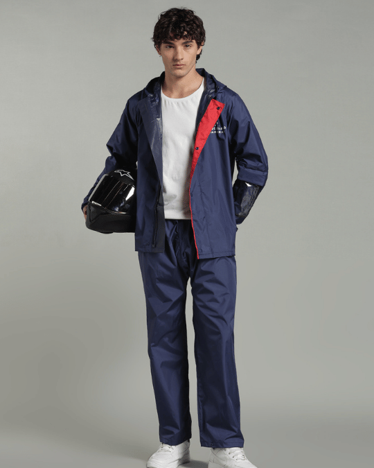 Matte Navy with Red Border - Rain Jacket with Pant & Mobile Pouch
