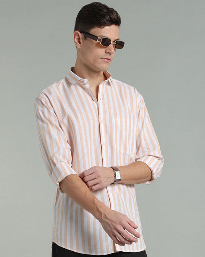 White & Orange Bold Stripes -Full-Cotton Linen Shirt