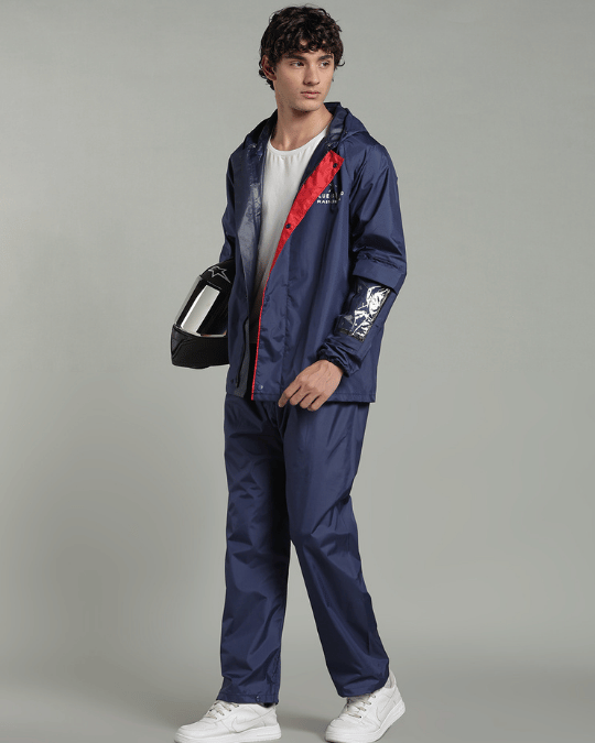 Matte Navy with Red Border - Rain Jacket with Pant & Mobile Pouch