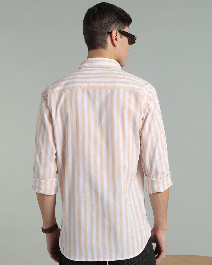 White & Orange Bold Stripes -Full-Cotton Linen Shirt