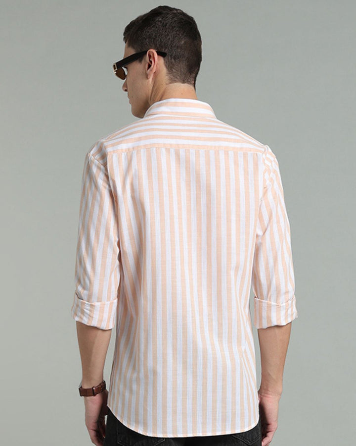 White & Orange Bold Stripes -Full-Cotton Linen Shirt