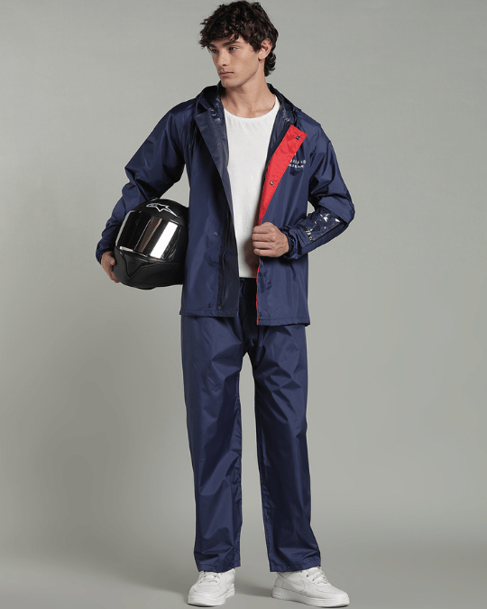 Matte Navy with Red Border - Rain Jacket with Pant & Mobile Pouch