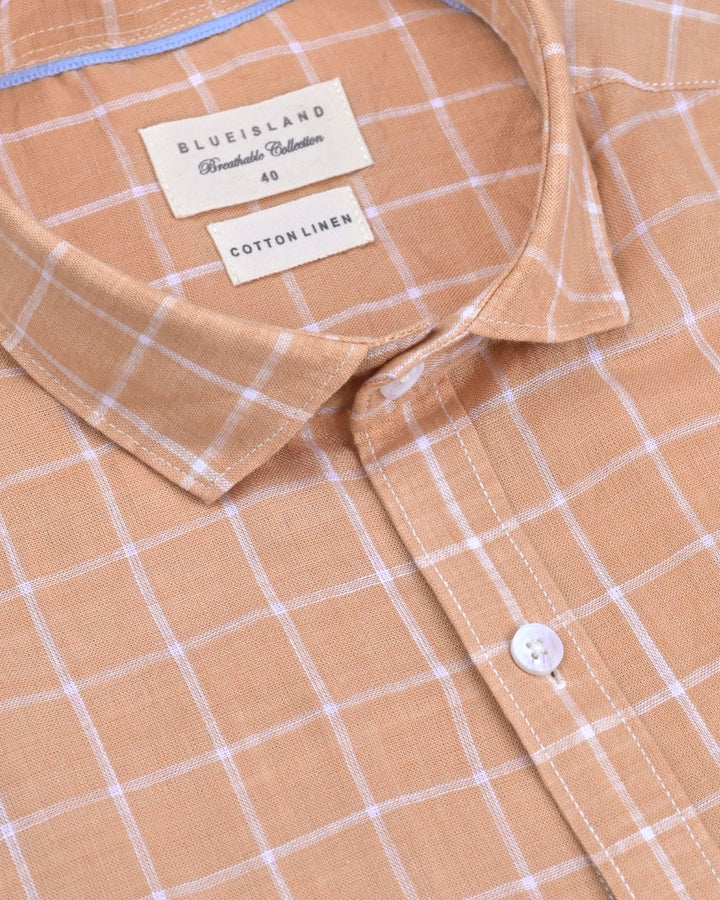 Mild Orange & White Checks - Half Sleeve -Cotton Linen Shirt