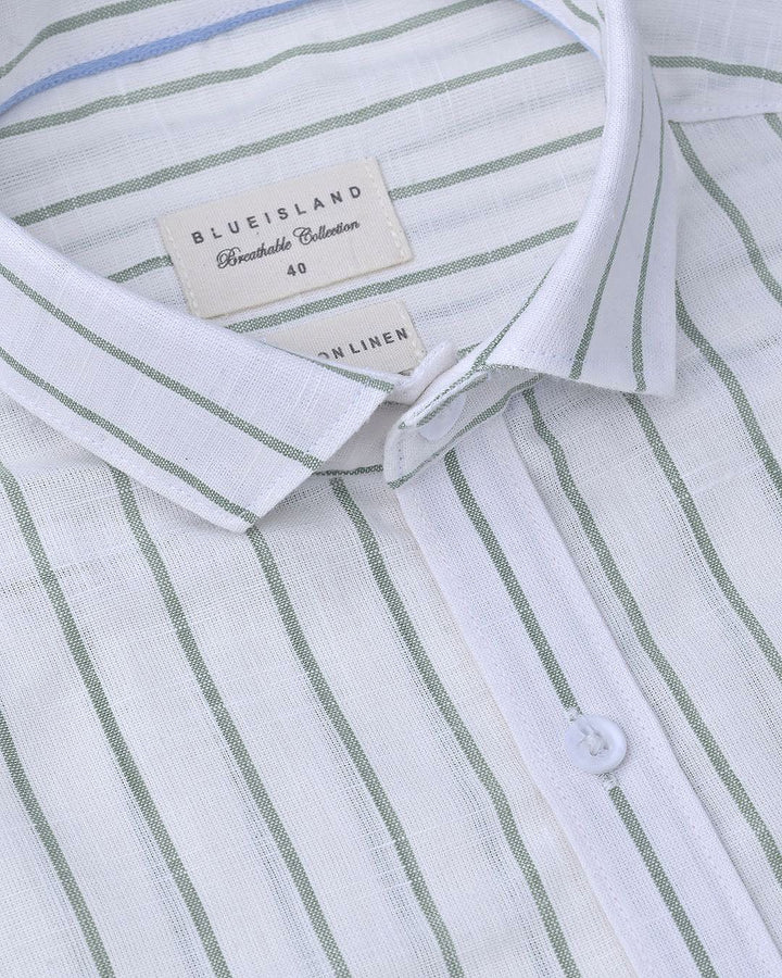 White & Green Line Stripes-Full-Cotton Linen Shirt
