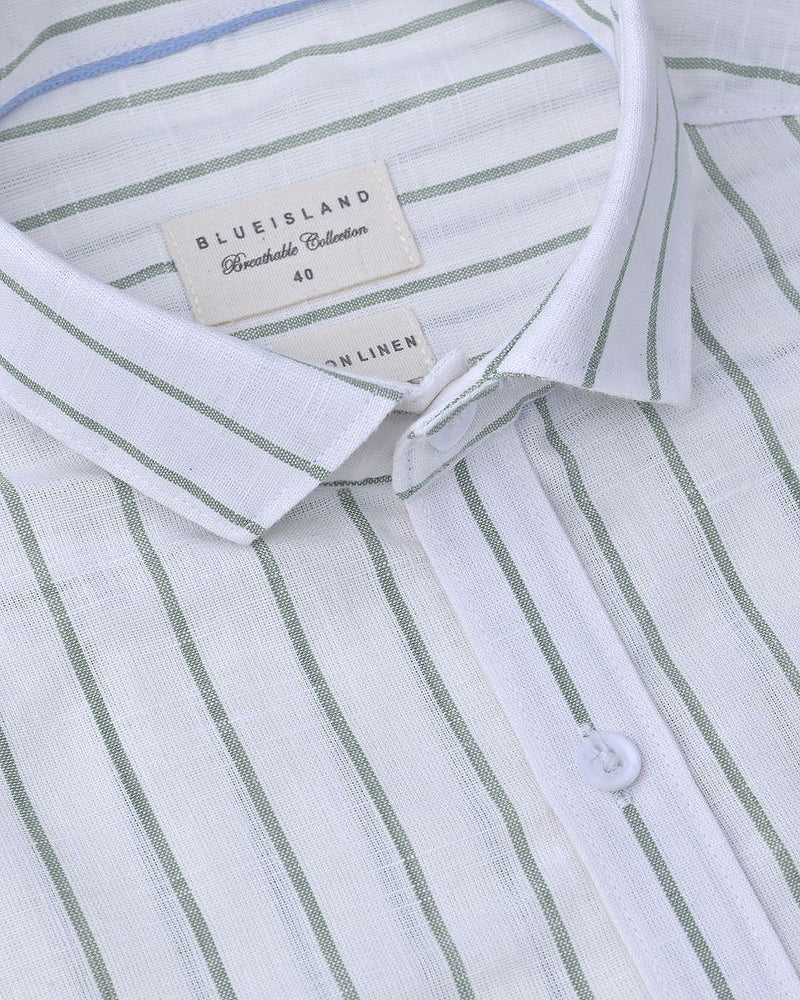 White & Green Line Stripes-Full-Cotton Linen Shirt