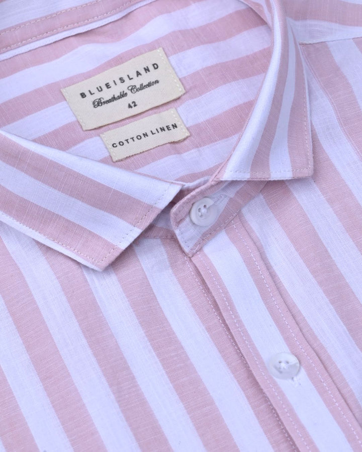 White & Pink Bold Stripes -Full-Cotton Linen Shirt