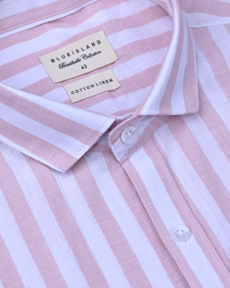 White & Pink Bold Stripes -Full-Cotton Linen Shirt
